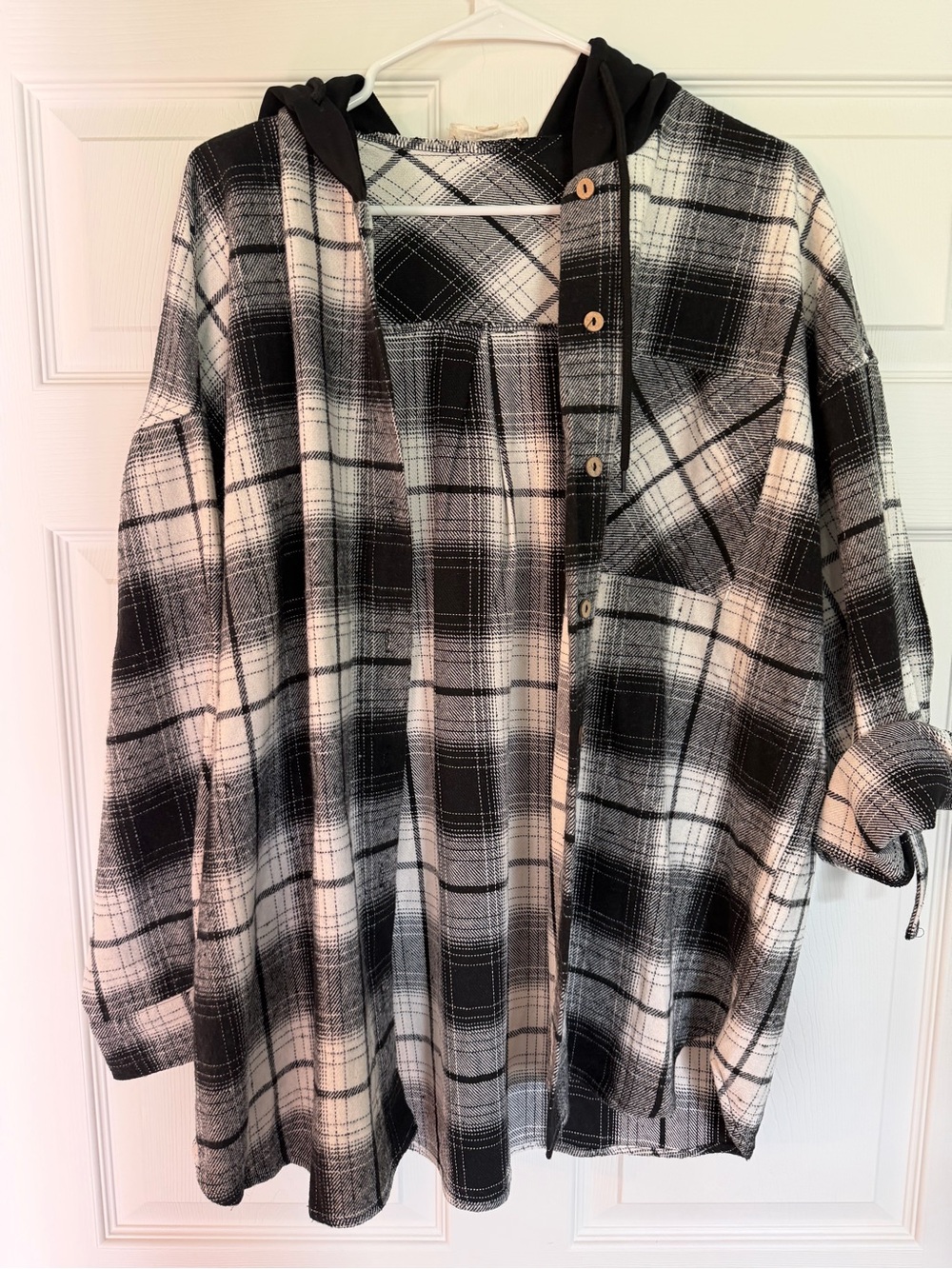 Women’s Maternity White Plaid Hooded Utility Shacket